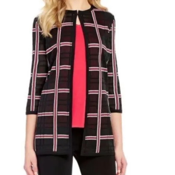 Ming Wang XS Black Red Plaid 3/4 Cardigan Knit Lightweight Jacket Top W - Picture 1 of 12